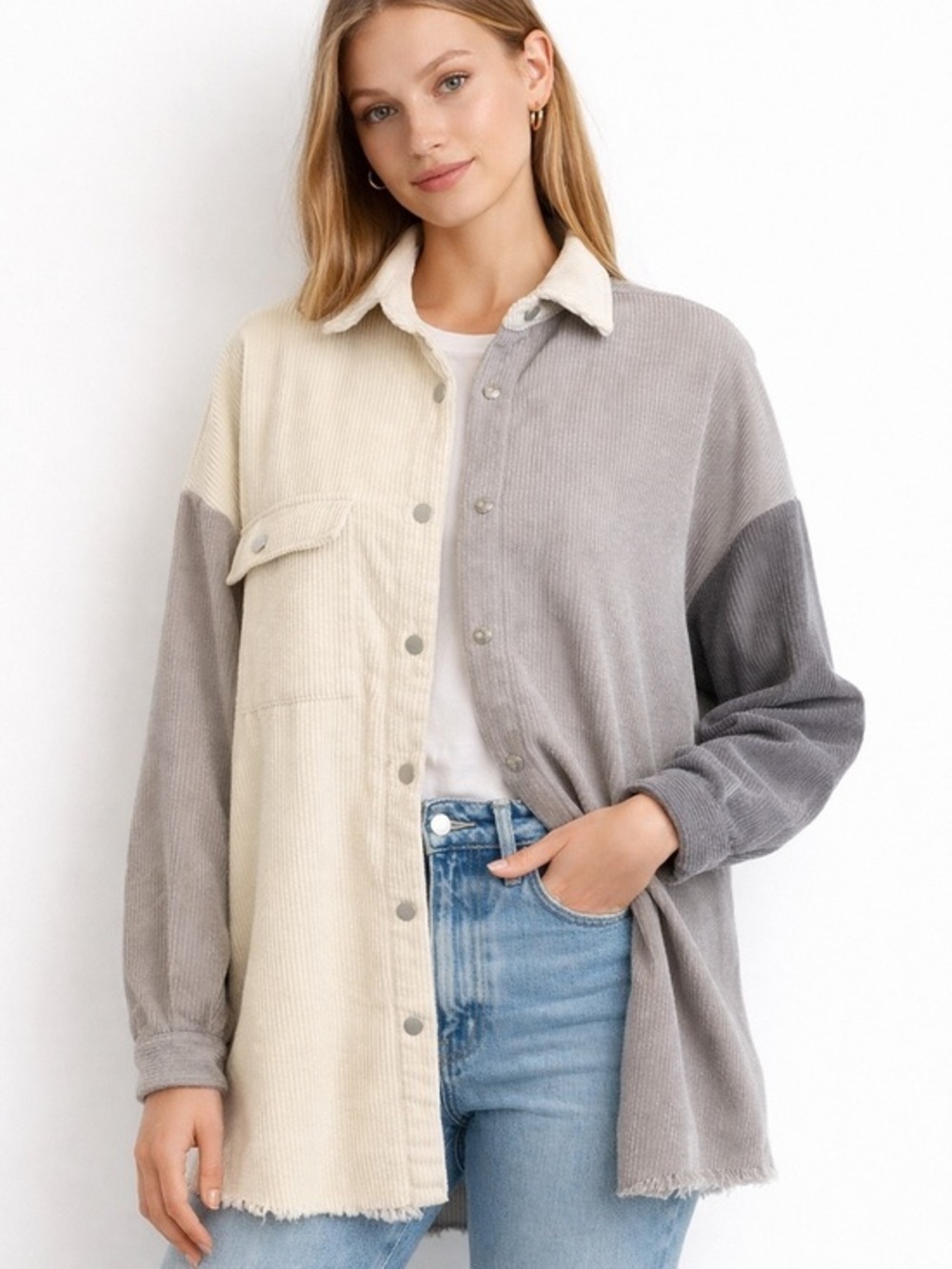 Miou Muse Colorblock Corduroy oversized Shacket Overshirt  Button Neutral S M